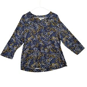 Chico's Women Artful Abstract 3/4 Sleeve V-Neck Top 3 XL Navy Yellow Dot Pima